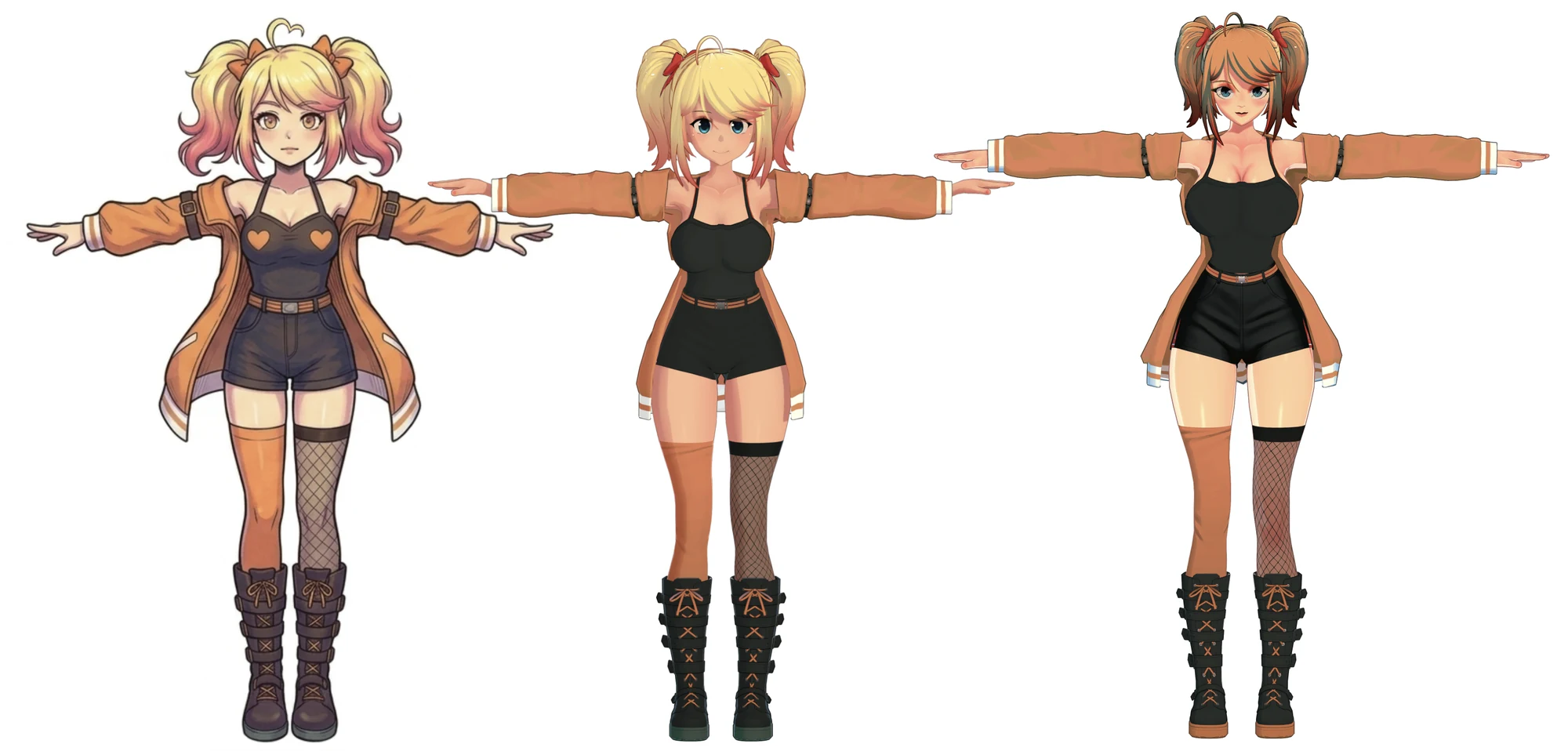 Gwen modelled in three art styles side by side: hand-drawn on the left, plain anime in the middle, the current AnimeNose style on the right.