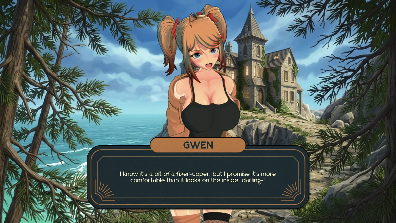 Gwen outside the cliff-top manor, rendered in the current AnimeNose style.
