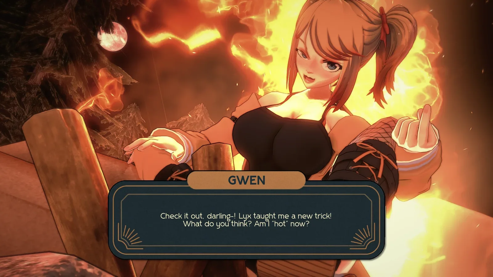 Gwen reclining against fallen timber in front of a wall of fire at night, beneath a red moon, making a Korean finger heart. Her dialogue box reads: Check it out, darling! Lyx taught me a new trick! What do you think? Am I 'hot' now? Rendered in the AnimeNose style.