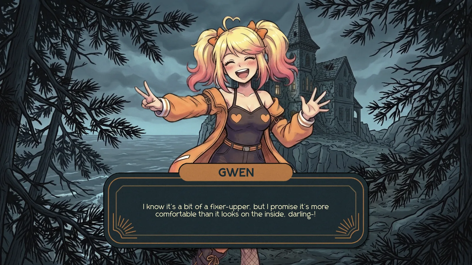 Gwen outside the cliff-top manor, fully hand-drawn and inked including the background.