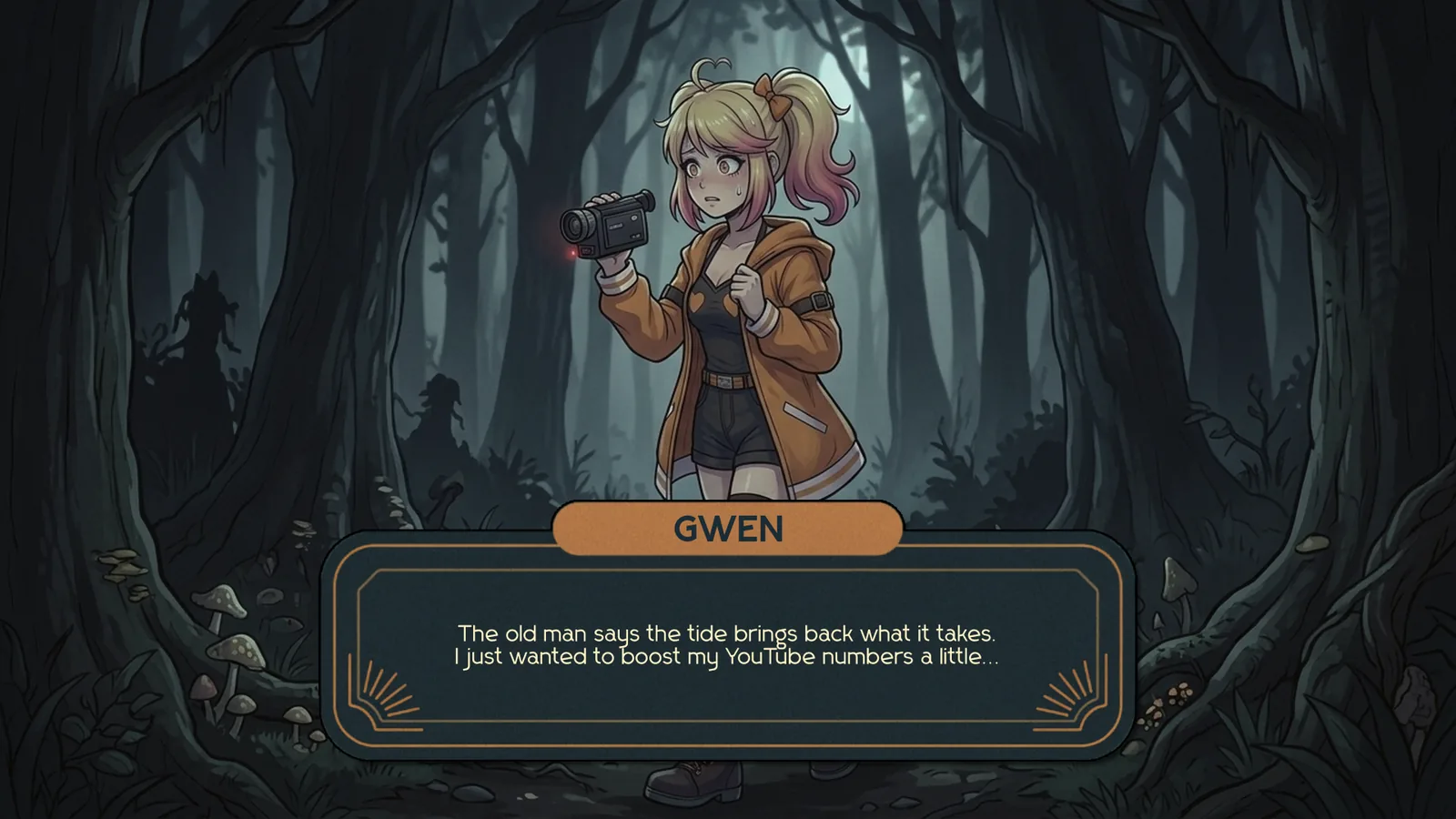 Gwen holding a camcorder in a dark forest at night, hand-drawn and inked.