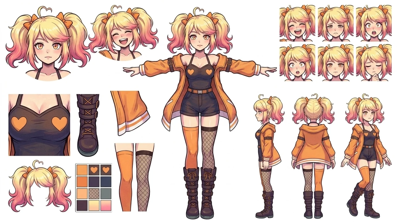 A full character reference sheet for Gwen in the hand-drawn style: expressions, turnaround, costume details and colour palette.