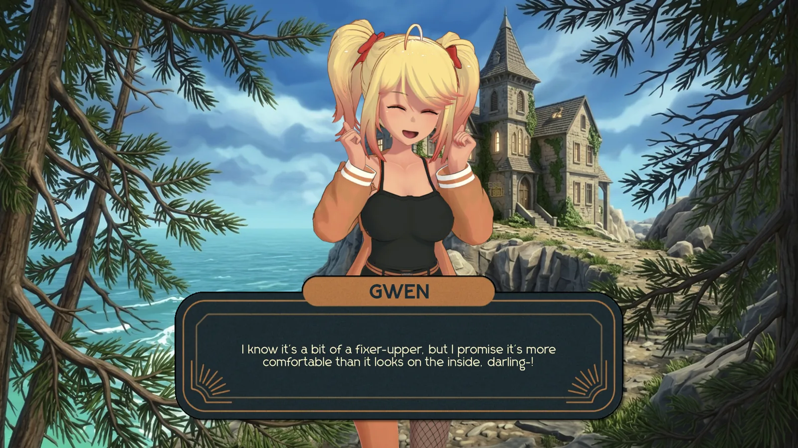 Gwen outside the cliff-top manor, rendered in a plain anime style with no defined nose.