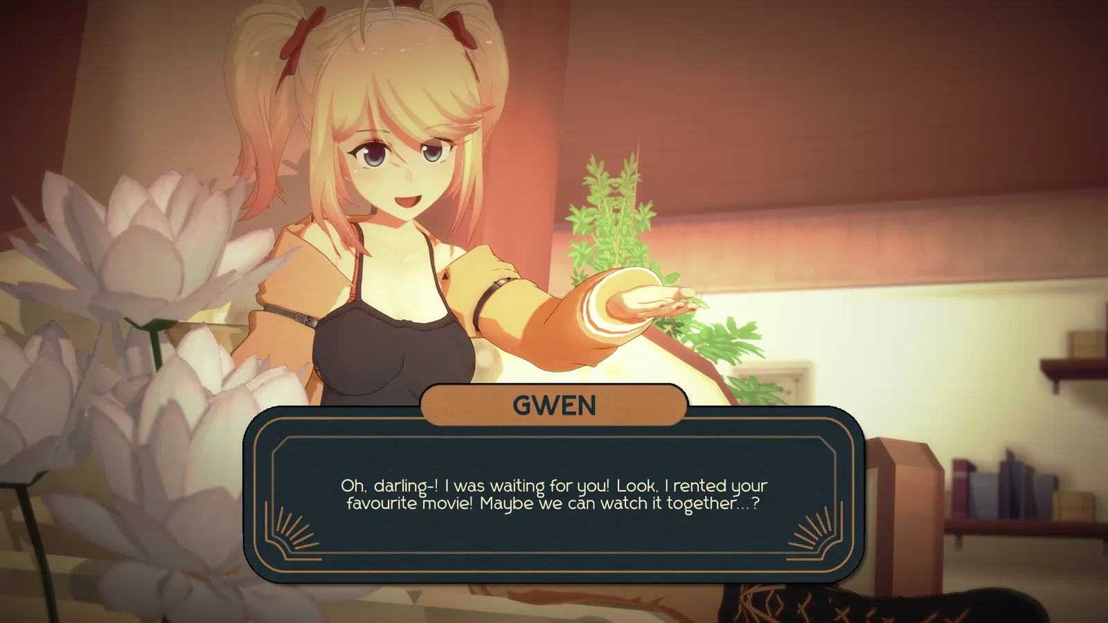 Gwen indoors in a warm, softly lit room with white flowers in the foreground, reaching a hand toward the viewer. Her dialogue box reads: Oh, darling! I was waiting for you! Look, I rented your favourite movie! Maybe we can watch it together? Rendered in the plain anime style.